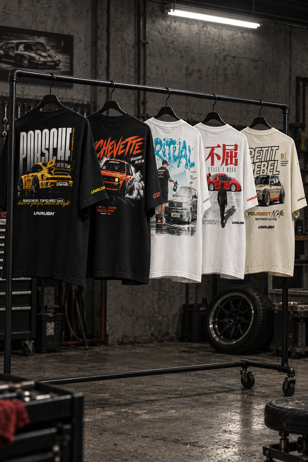Camisetas UNRUSH em uma oficina